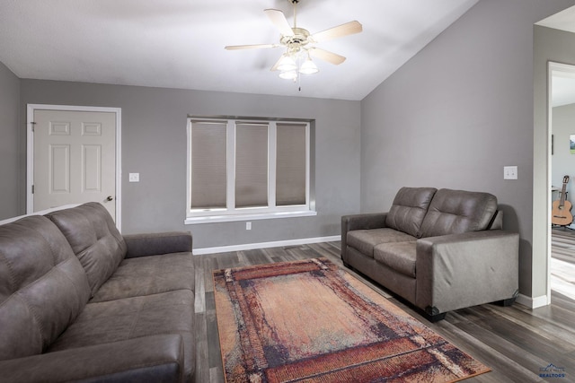 5235 Weathervane Ln, Rapid City, SD 57703 - living area with baseboards, ceiling fan, wood finished floors, and vaulted ceiling