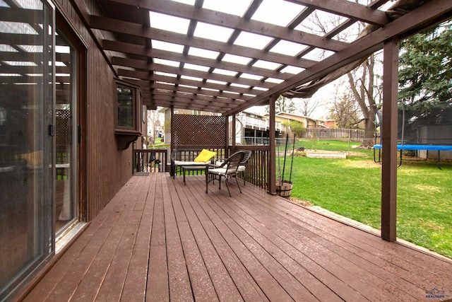 3005 Glenwood Dr, Rapid City, SD 57702 - wooden terrace with a lawn, a fenced backyard, a trampoline, and a pergola