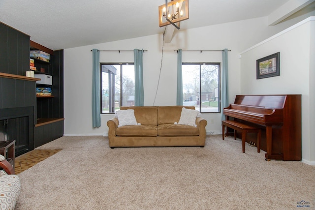 3005 Glenwood Dr, Rapid City, SD 57702 - living room with carpet floors, plenty of natural light, a notable chandelier, and vaulted ceiling