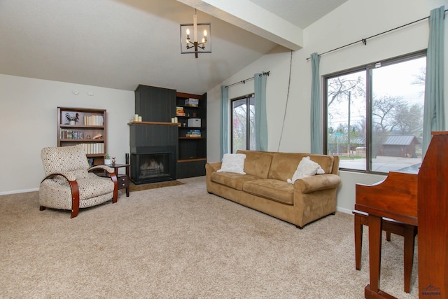3005 Glenwood Dr, Rapid City, SD 57702 - living area with carpet flooring, a chandelier, a large fireplace, baseboards, and vaulted ceiling