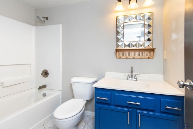 full bathroom featuring toilet, tile patterned floors, bathing tub / shower combination, and vanity