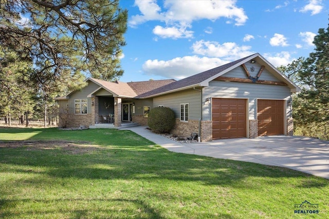 view of front of house with brick siding, an attached garage, driveway, and a front lawn