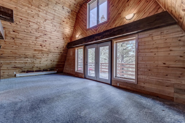 additional living space featuring wooden walls, high vaulted ceiling, a baseboard heating unit, and carpet floors