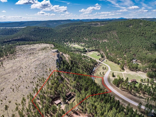 drone / aerial view with a wooded view and a mountain view