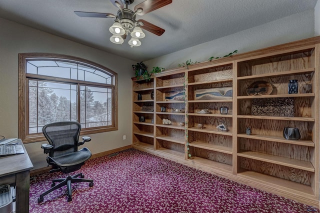 6642 Carnoustie Ct, Rapid City, SD 57702 - carpeted home office featuring a textured ceiling, baseboards, and a ceiling fan