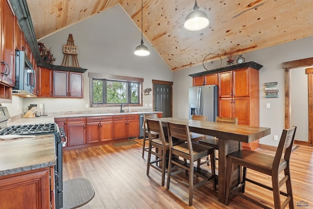 21298 Ridgewood Trl, Lead, SD 57754 - kitchen featuring light wood-style flooring, a sink, stainless steel appliances, light countertops, and wooden ceiling