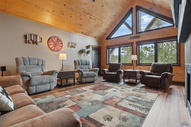 21298 Ridgewood Trl, Lead, SD 57754 - living room featuring wooden ceiling, hardwood / wood-style floors, and high vaulted ceiling
