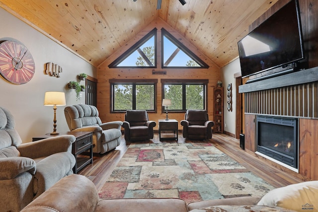 21298 Ridgewood Trl, Lead, SD 57754 - living area with wooden ceiling, high vaulted ceiling, and wood finished floors