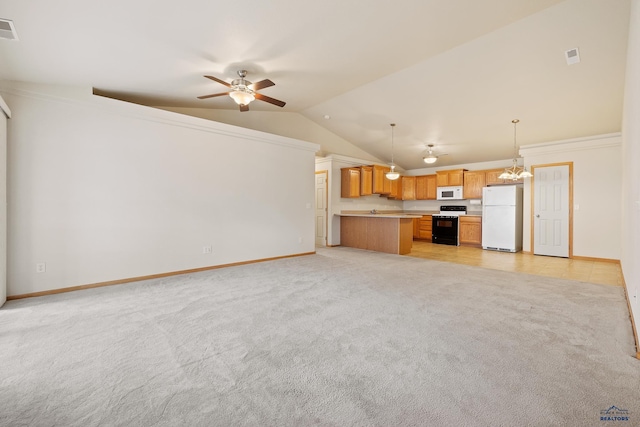 1960 Haycamp Ln, Rapid City, SD 57703 - unfurnished living room featuring lofted ceiling, visible vents, ceiling fan, light carpet, and baseboards