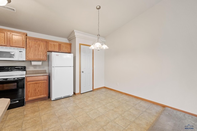 1960 Haycamp Ln, Rapid City, SD 57703 - kitchen with white appliances, visible vents, baseboards, decorative light fixtures, and light countertops