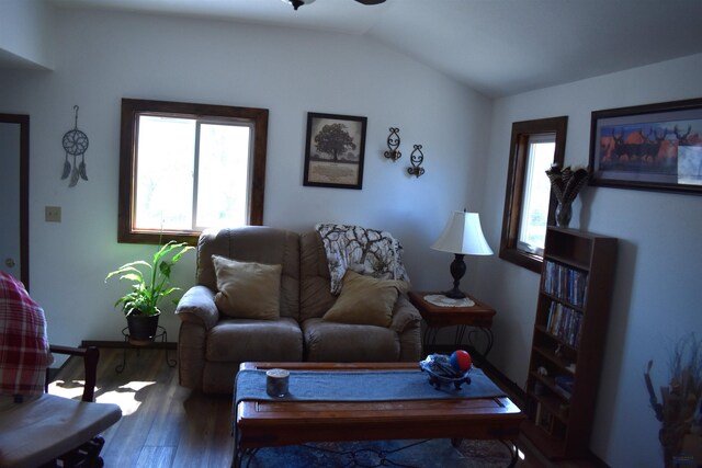 2911 Orchard Ln, Rapid City, SD 57701 - living area with vaulted ceiling, ceiling fan, a wealth of natural light, and wood finished floors