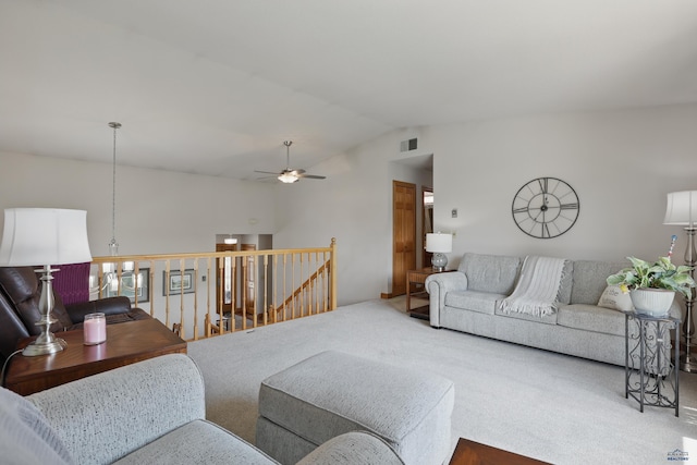 7315 Raven Ct, Rapid City, SD 57702 - living room featuring carpet flooring, lofted ceiling, and ceiling fan