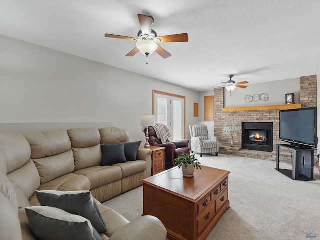 7315 Raven Ct, Rapid City, SD 57702 - living area with ceiling fan, light colored carpet, and a brick fireplace