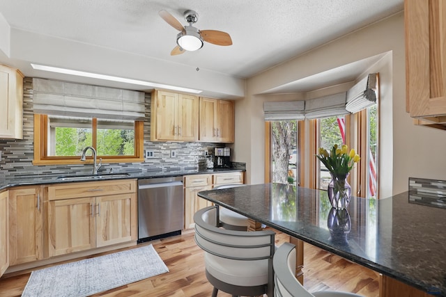 7315 Raven Ct, Rapid City, SD 57702 - kitchen featuring dishwasher, a sink, decorative backsplash, and dark stone countertops