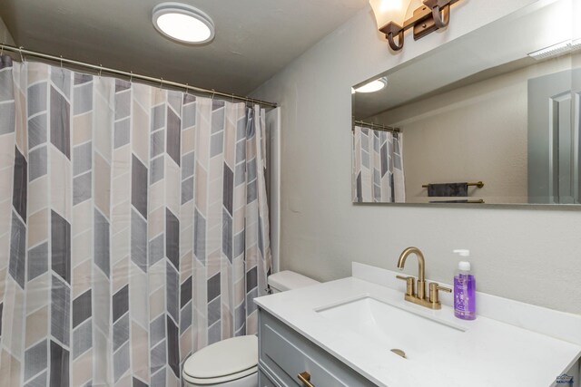 full bathroom featuring toilet, vanity, and curtained shower
