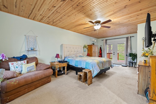 1580 Laurel Heights Dr, Rapid City, SD 57701 - bedroom featuring access to exterior, carpet floors, wood ceiling, french doors, and ceiling fan