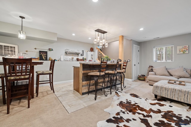 1580 Laurel Heights Dr, Rapid City, SD 57701 - living room featuring recessed lighting, light carpet, a bar, and baseboards