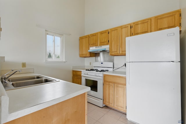 322 Curtis, Rapid City, SD 57702 - kitchen featuring white appliances, under cabinet range hood, a towering ceiling, a sink, and light tile patterned flooring