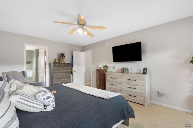 4037 Valley W Dr, Rapid City, SD 57702 - bedroom with light colored carpet, a ceiling fan, connected bathroom, and baseboards