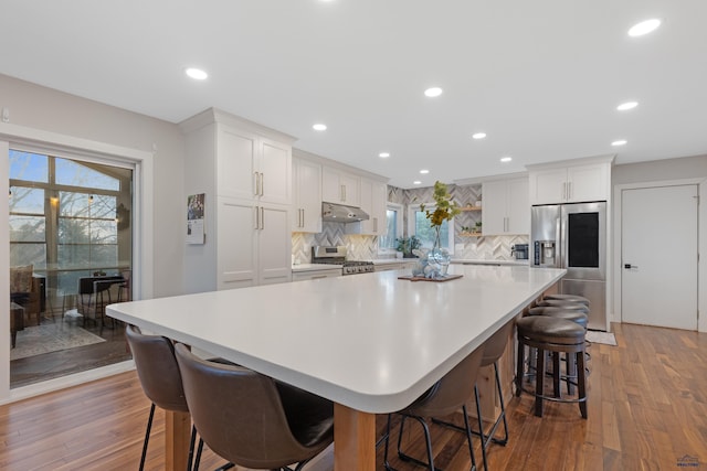4037 Valley W Dr, Rapid City, SD 57702 - kitchen featuring appliances with stainless steel finishes, under cabinet range hood, white cabinetry, decorative backsplash, and healthy amount of natural light