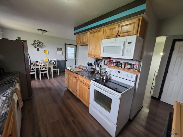 kitchen with white appliances and dark wood-type flooring
