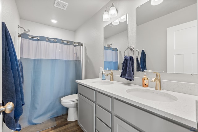 506 Solomon Ct, Rapid City, SD 57703 - bathroom featuring wood finished floors, double vanity, toilet, and a shower with curtain