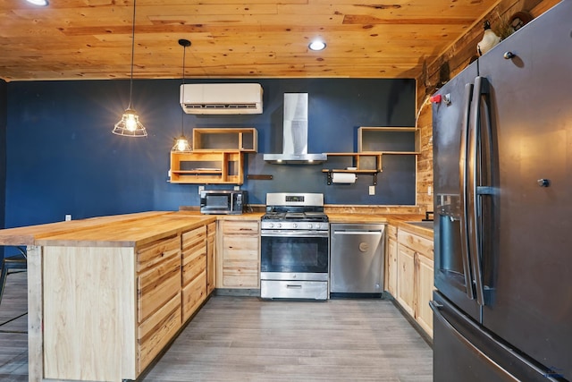 24427 Thovson Rd, Keystone, SD 57751 - kitchen with appliances with stainless steel finishes, wall chimney exhaust hood, a wall mounted AC, open shelves, and wooden ceiling