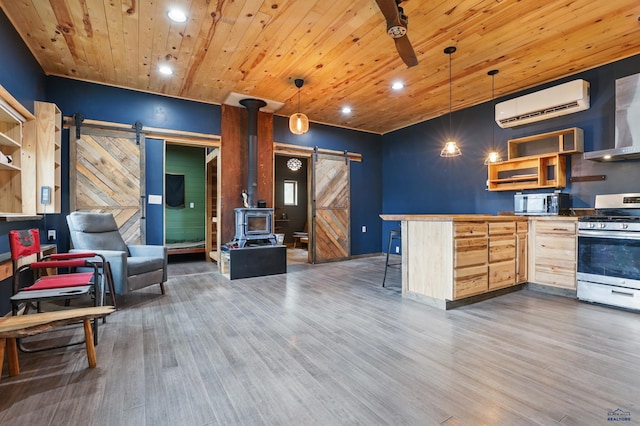 24427 Thovson Rd, Keystone, SD 57751 - kitchen featuring a barn door, appliances with stainless steel finishes, a wall mounted air conditioner, range hood, and wood finished floors
