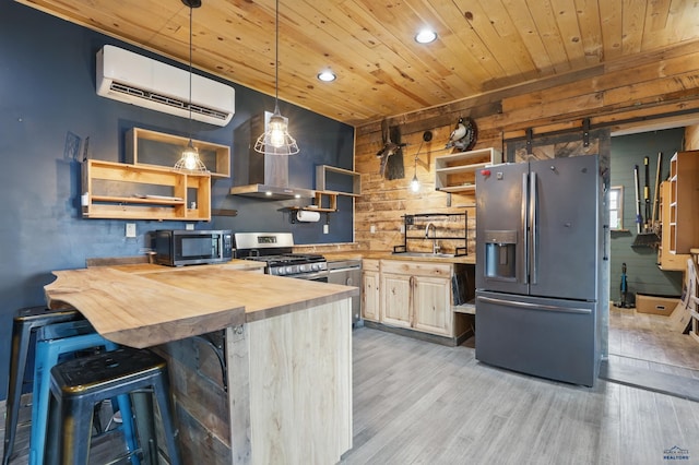 24427 Thovson Rd, Keystone, SD 57751 - kitchen with appliances with stainless steel finishes, open shelves, a wall mounted AC, wooden counters, and wood ceiling