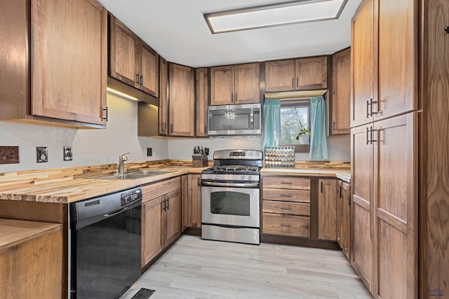 819 Sly St, Sturgis, SD 57785 - kitchen with appliances with stainless steel finishes, a sink, light wood-style floors, butcher block counters, and brown cabinetry