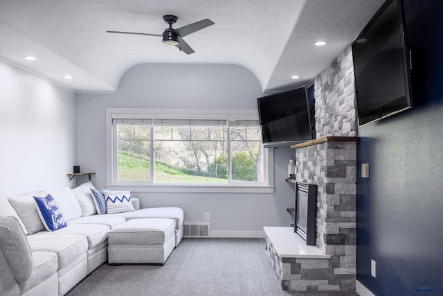 1316 Clark, Rapid City, SD 57701 - carpeted living room with baseboards, ceiling fan, a fireplace, recessed lighting, and lofted ceiling