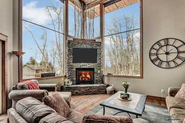 21172 Last Chance Trl, Lead, SD 57754 - living area featuring wood finished floors, healthy amount of natural light, and a fireplace