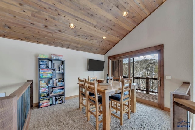 21172 Last Chance Trl, Lead, SD 57754 - carpeted dining space with baseboards, vaulted ceiling, wood ceiling, and recessed lighting