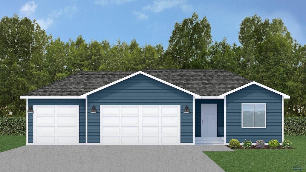 302 Northern Lights Blvd E, Box Elder, SD 57719 - view of front of house with roof with shingles, an attached garage, a front yard, and driveway