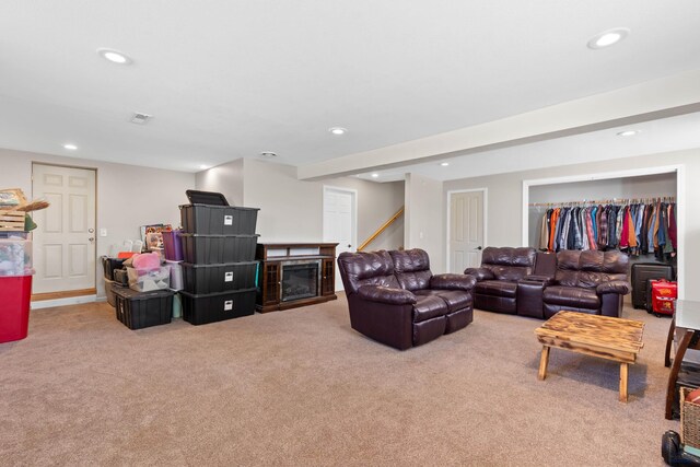 202 S B Ave, New Underwood, SD 57761 - living room with carpet, recessed lighting, and a fireplace