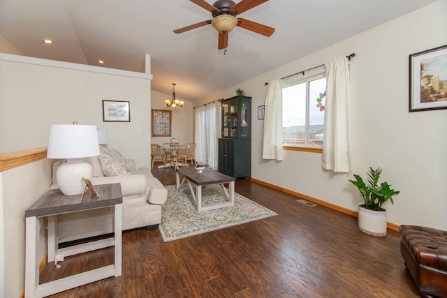 10284 Remmington St, Summerset, SD 57718 - living room with vaulted ceiling, a chandelier, wood finished floors, ceiling fan, and baseboards