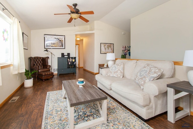 10284 Remmington St, Summerset, SD 57718 - living room with lofted ceiling, ceiling fan, wood finished floors, and baseboards