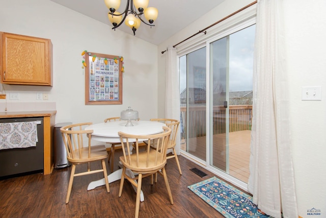 10284 Remmington St, Summerset, SD 57718 - dining room featuring a chandelier, lofted ceiling, and dark wood-style flooring