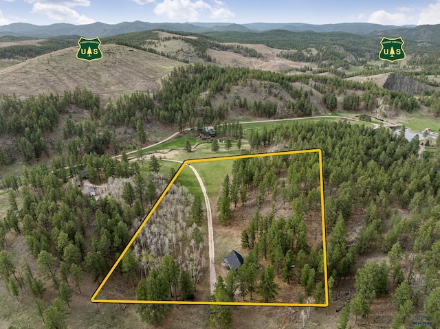 12087 Kaubisch Ranch Rd, Hill City, SD 57745 - aerial view of property and surrounding area with a mountain backdrop and property boundaries highlighted