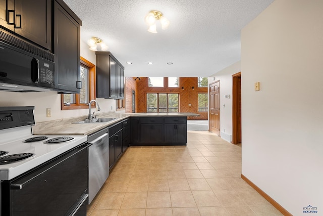 12087 Kaubisch Ranch Rd, Hill City, SD 57745 - kitchen featuring electric range, black microwave, a sink, dishwasher, and a peninsula