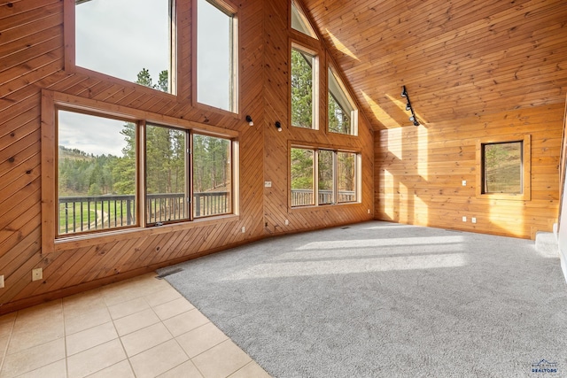 12087 Kaubisch Ranch Rd, Hill City, SD 57745 - unfurnished living room with wooden walls, high vaulted ceiling, tile patterned flooring, and wooden ceiling