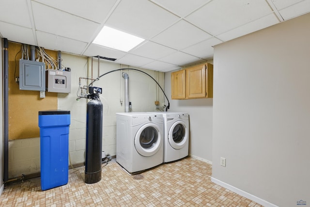 5753 Pluto, Rapid City, SD 57703 - washroom with cabinet space, washer and dryer, electric panel, and concrete block wall