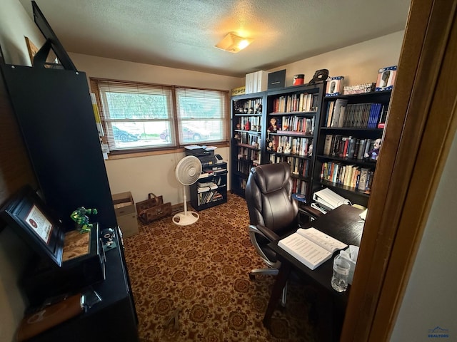 carpeted office with a textured ceiling