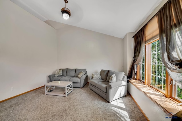 4307 Henry Ct, Rapid City, SD 57701 - living area featuring carpet flooring, baseboards, ceiling fan, and vaulted ceiling