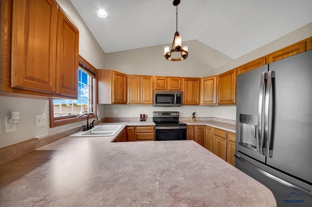 4307 Henry Ct, Rapid City, SD 57701 - kitchen featuring appliances with stainless steel finishes, a sink, lofted ceiling, a chandelier, and light countertops