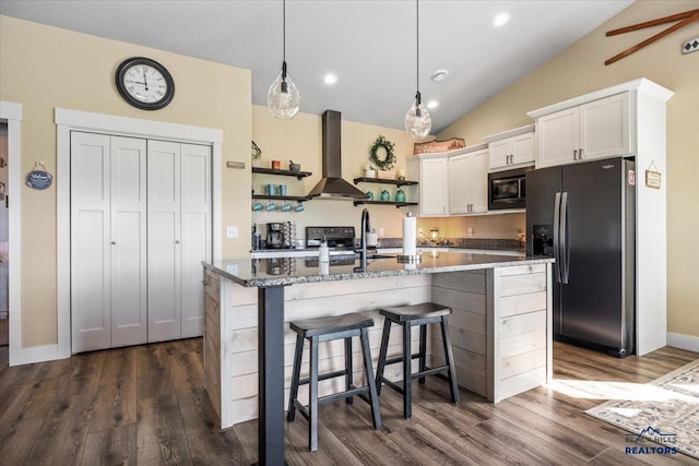 8009 Brooks Loop, Spearfish, SD 57783 - kitchen featuring refrigerator with ice dispenser, wall chimney exhaust hood, open shelves, black microwave, and dark wood finished floors