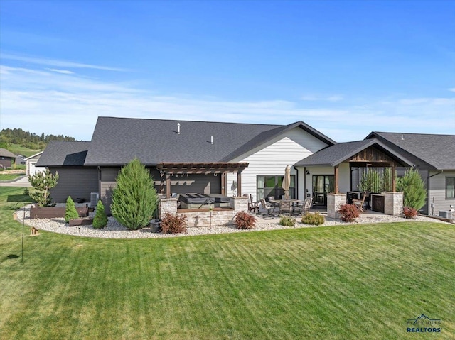 8009 Brooks Loop, Spearfish, SD 57783 - rear view of house with a pergola, a lawn, a patio, and roof with shingles