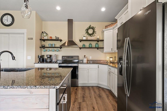8009 Brooks Loop, Spearfish, SD 57783 - kitchen with stainless steel fridge, wall chimney range hood, open shelves, electric stove, and recessed lighting