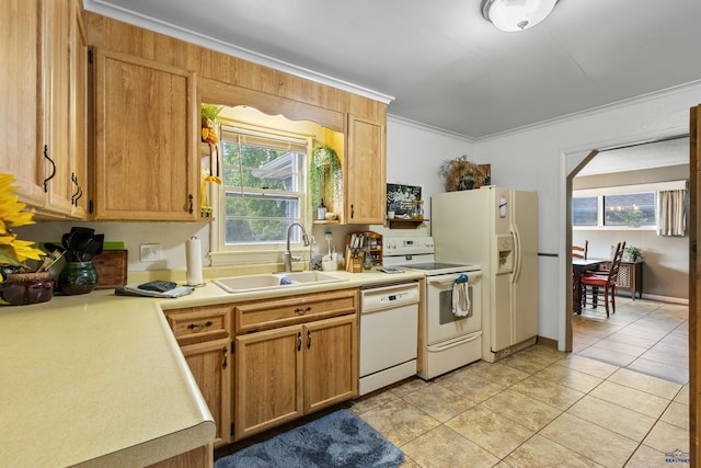 2739 W W St, Anne, Rapid City, SD 57701 - kitchen with white appliances, a sink, crown molding, light countertops, and plenty of natural light