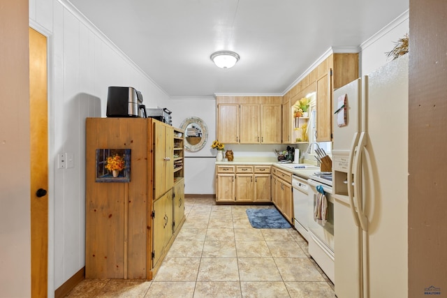 2739 W W St, Anne, Rapid City, SD 57701 - kitchen featuring ornamental molding, white appliances, light countertops, and light tile patterned flooring